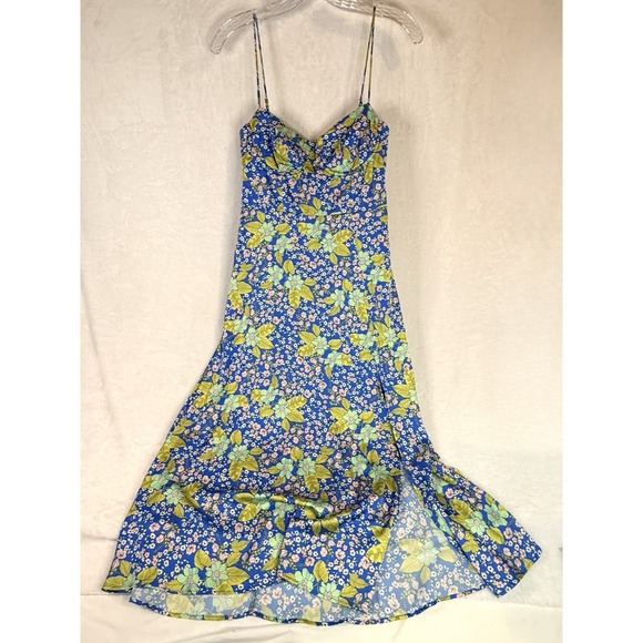 ASTR The Label Dresses & Skirts - ASTR Florianne Floral‎ Satin Midi Dress Blue Bustier Strap NWT Small